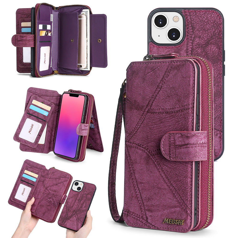 MEGSHI 004 Series Detachable Zipper Wallet Leather Case for iPhone 14 Anti-drop Stand Phone Cover MEGSHI 004 Series Detachable Zipper Wallet Leather Case for iPhone 14 Anti-drop Stand Phone Cover